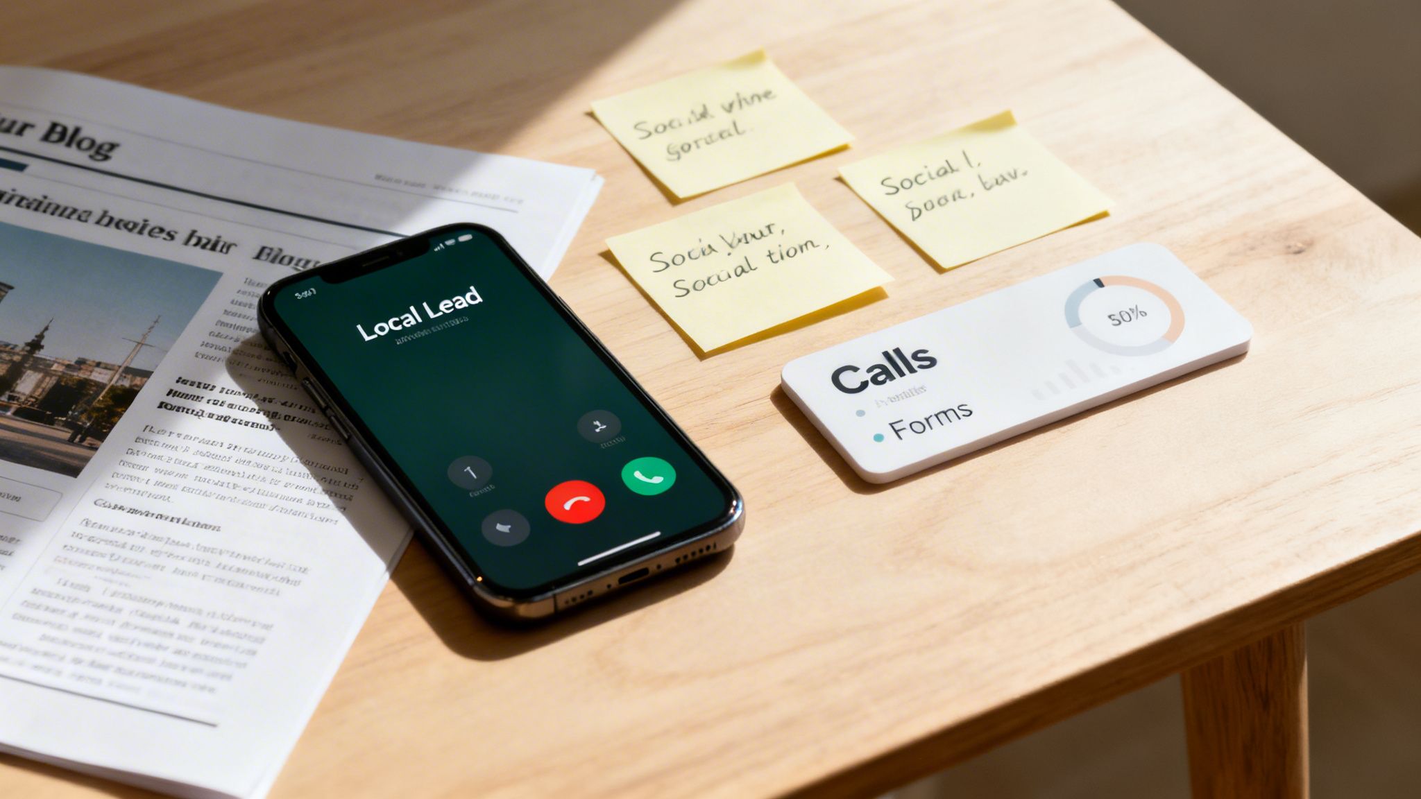 A smartphone showing an incoming 'Local Lead' call, with sticky notes and a 'Calls 50%' tracker on a wooden desk.