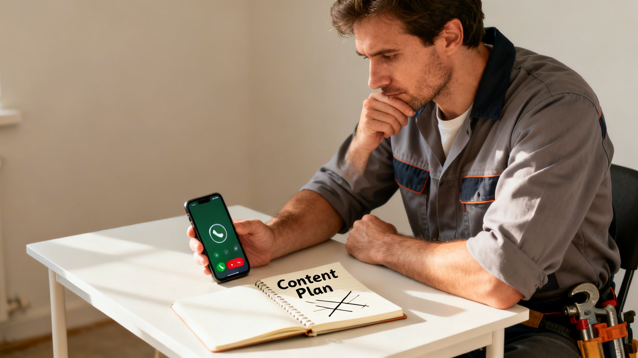 A thoughtful man in work clothes looking at an incoming call on his phone, next to a notebook titled 'Content Plan'.