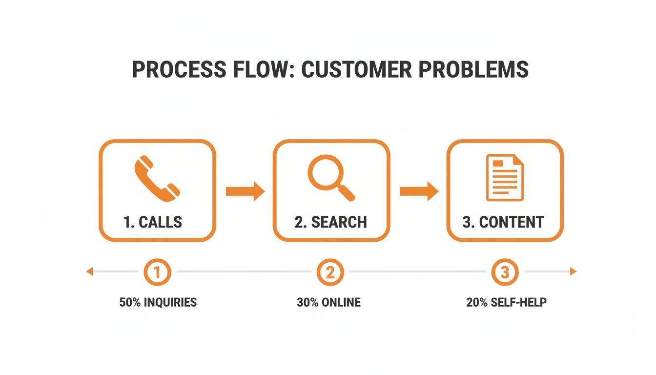 Process flow diagram showing customer problem resolution: 1. Calls (50% inquiries), 2. Search (30% online), 3. Content (20% self-help).