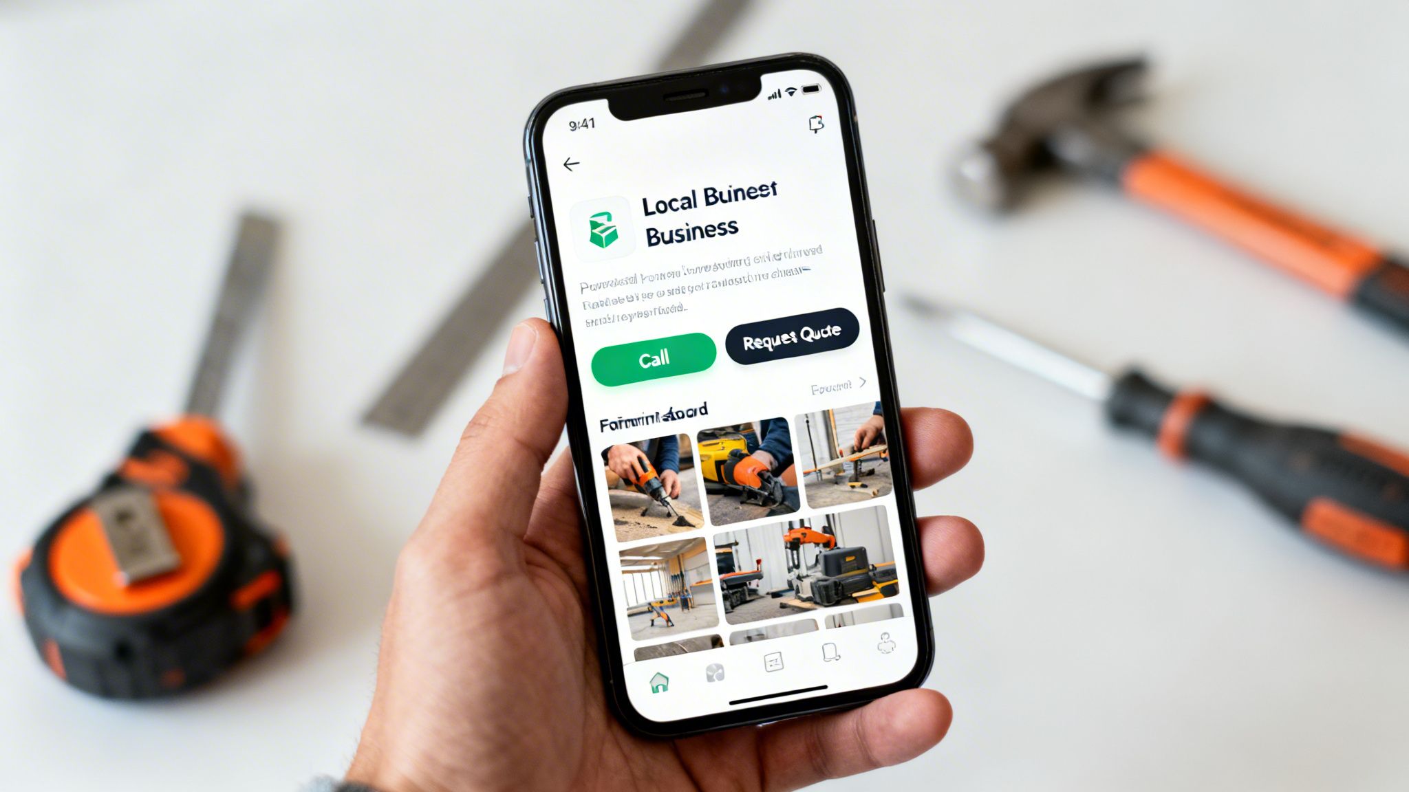 A person holds an iPhone showing a local business app with construction images and call/quote buttons, surrounded by tools.