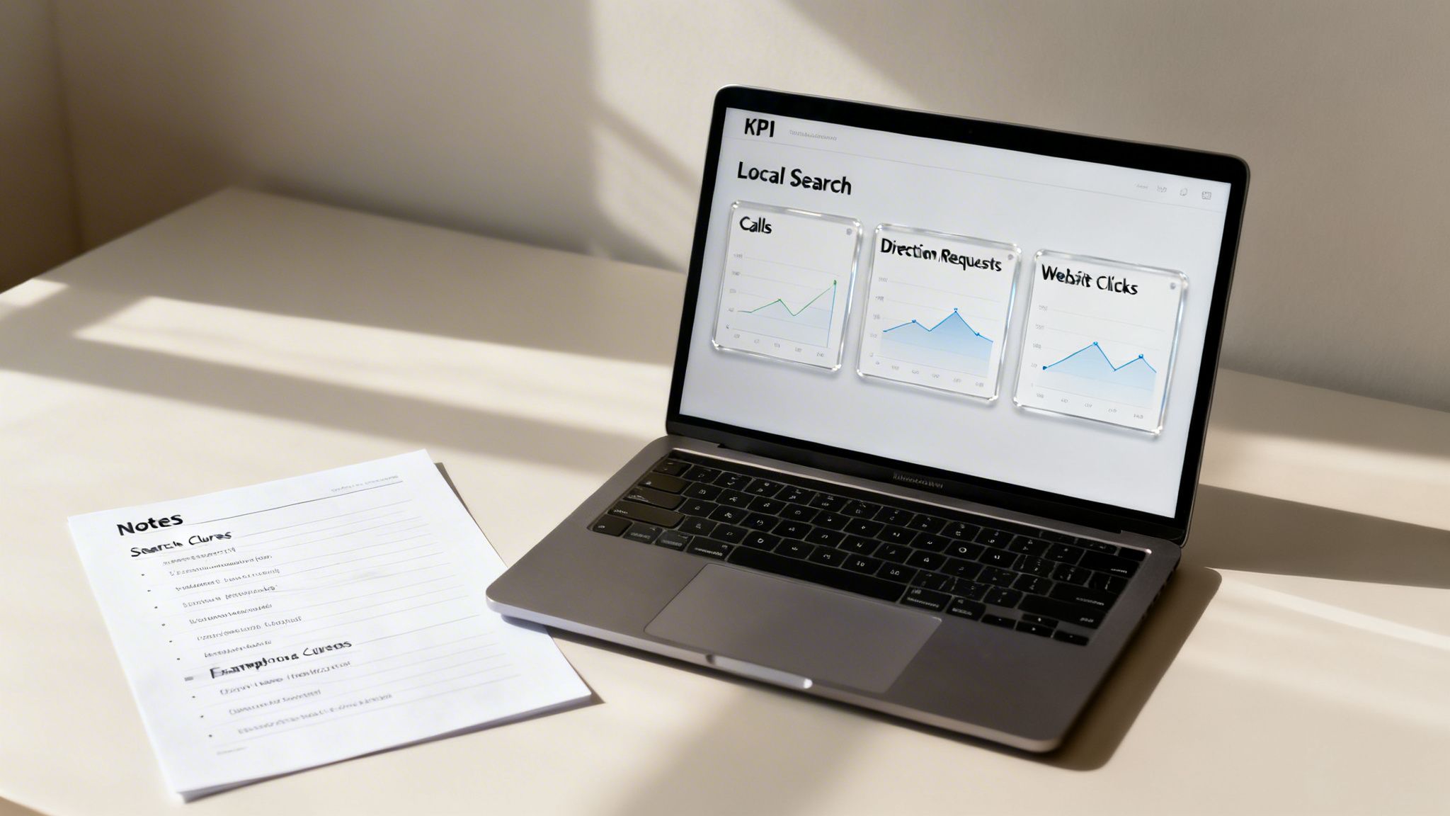 A laptop displays a local search KPI dashboard with call, direction, and website click metrics, next to notes on a desk.