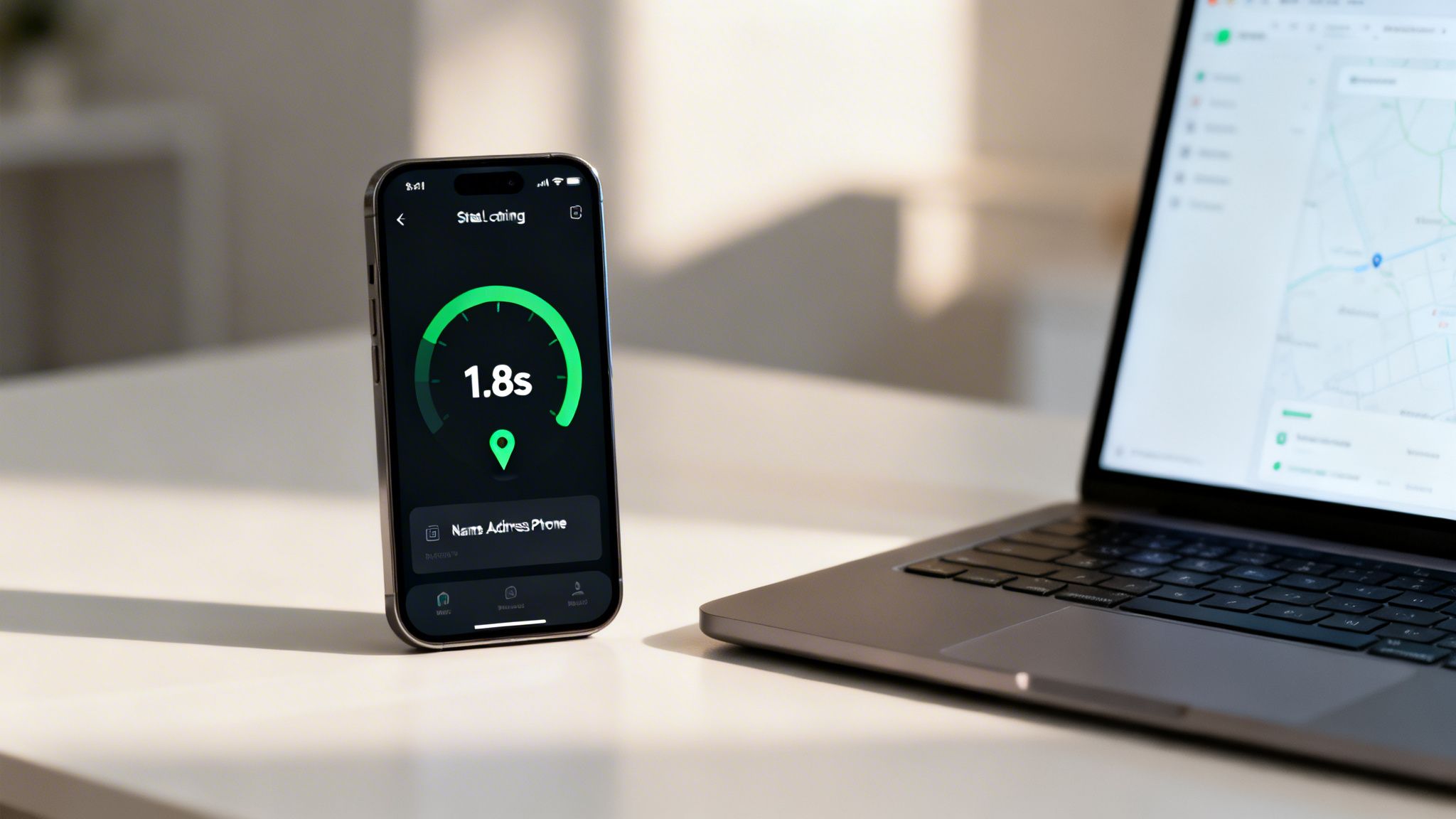 A smartphone displaying a tracking app with a 1.8s countdown and a laptop showing a map.