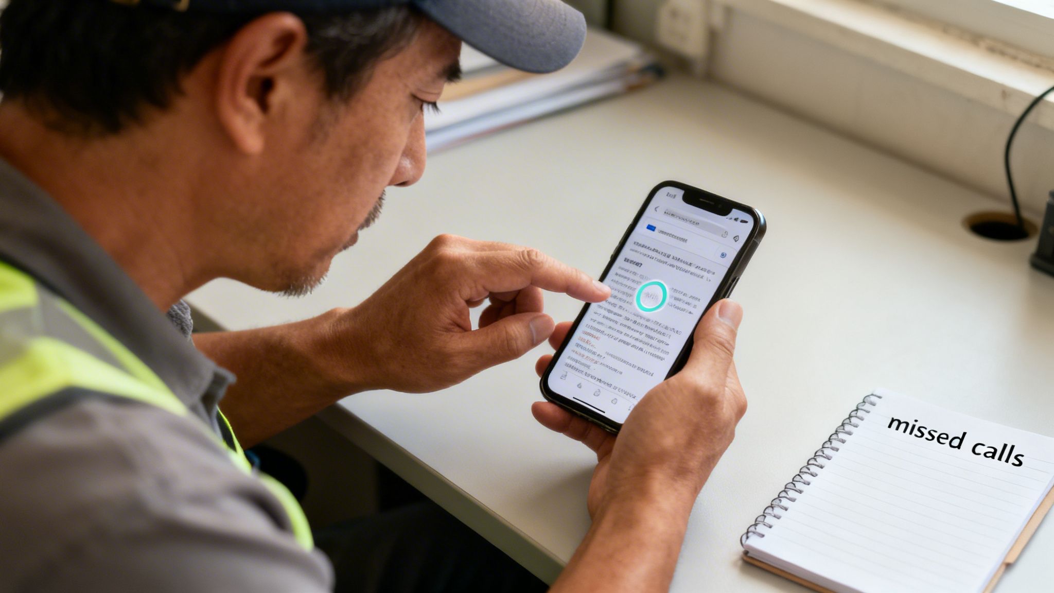 A man in a work vest focuses on his smartphone, pointing at the screen, with a 'missed calls' notebook nearby.