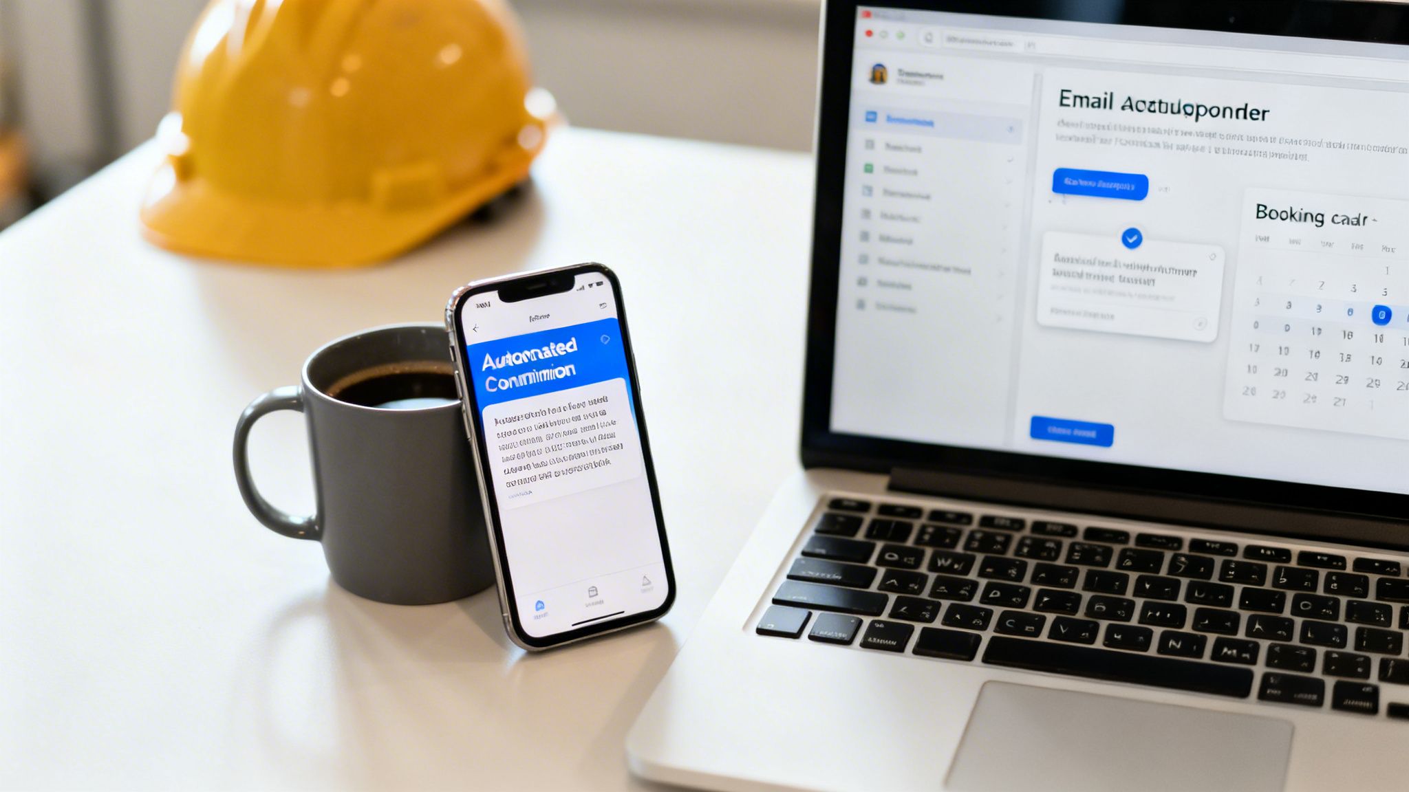 A modern workspace with a laptop showing email autoresponder and booking, a smartphone with an automation app, coffee, and a hard hat.