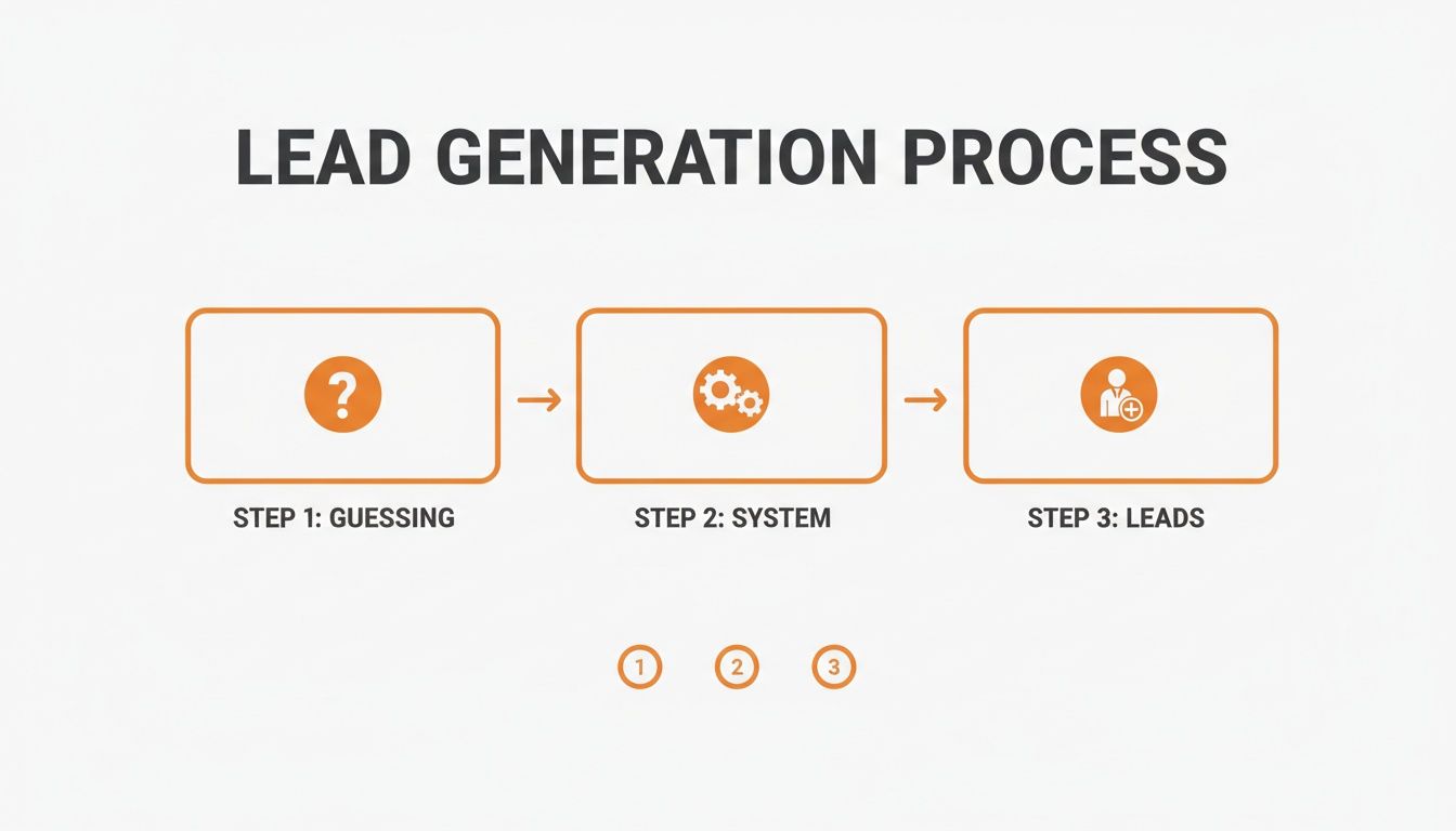 A three-step flowchart illustrating the lead generation process: guessing, system, and leads.