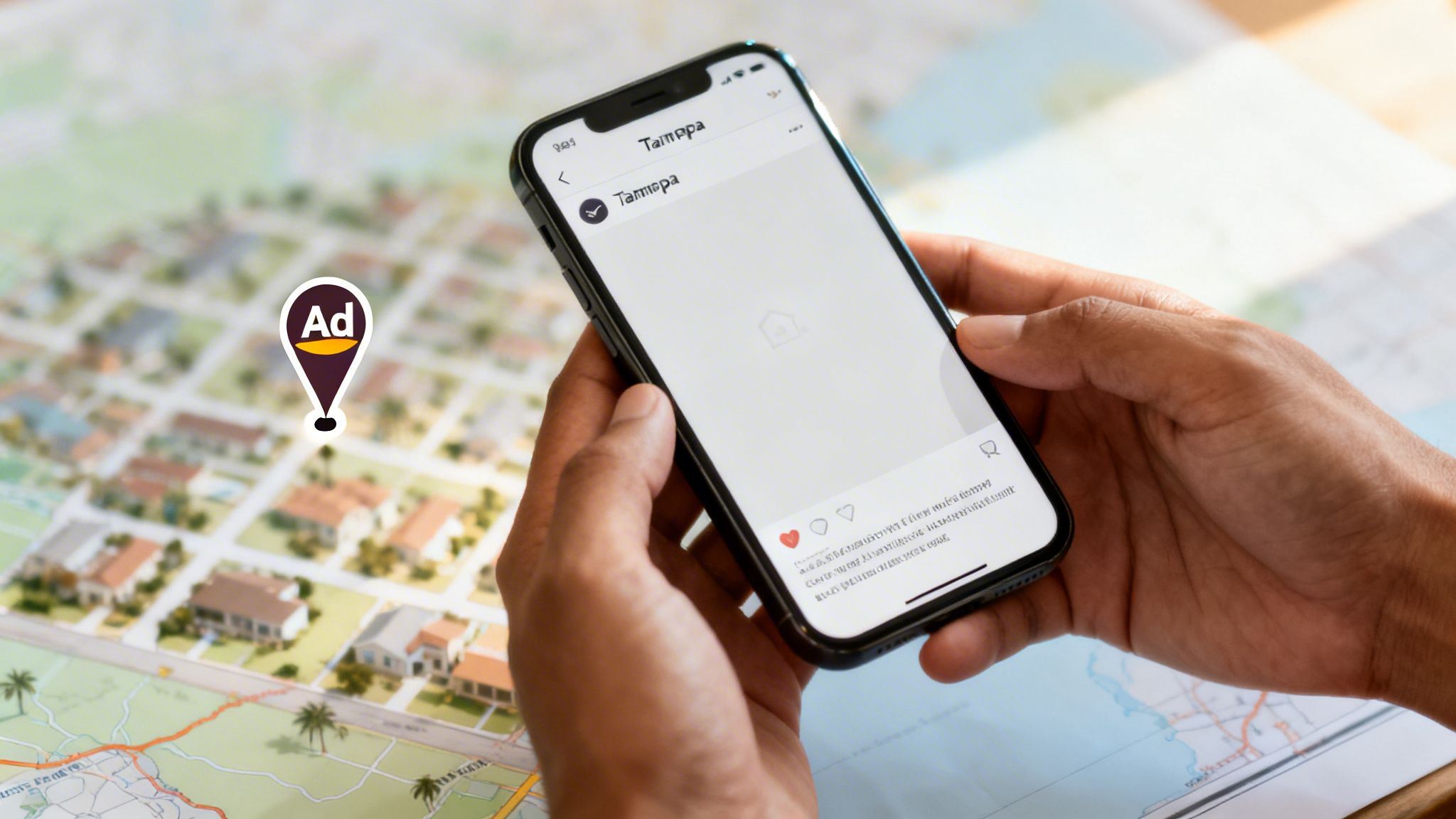 A person holds a smartphone displaying a location search for 'Tampa' over a map with an 'Ad' pin.