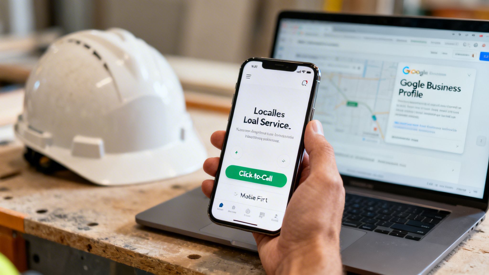 Person holds a smartphone showing a local service app, with a laptop displaying Google Business Profile and a hard hat nearby.