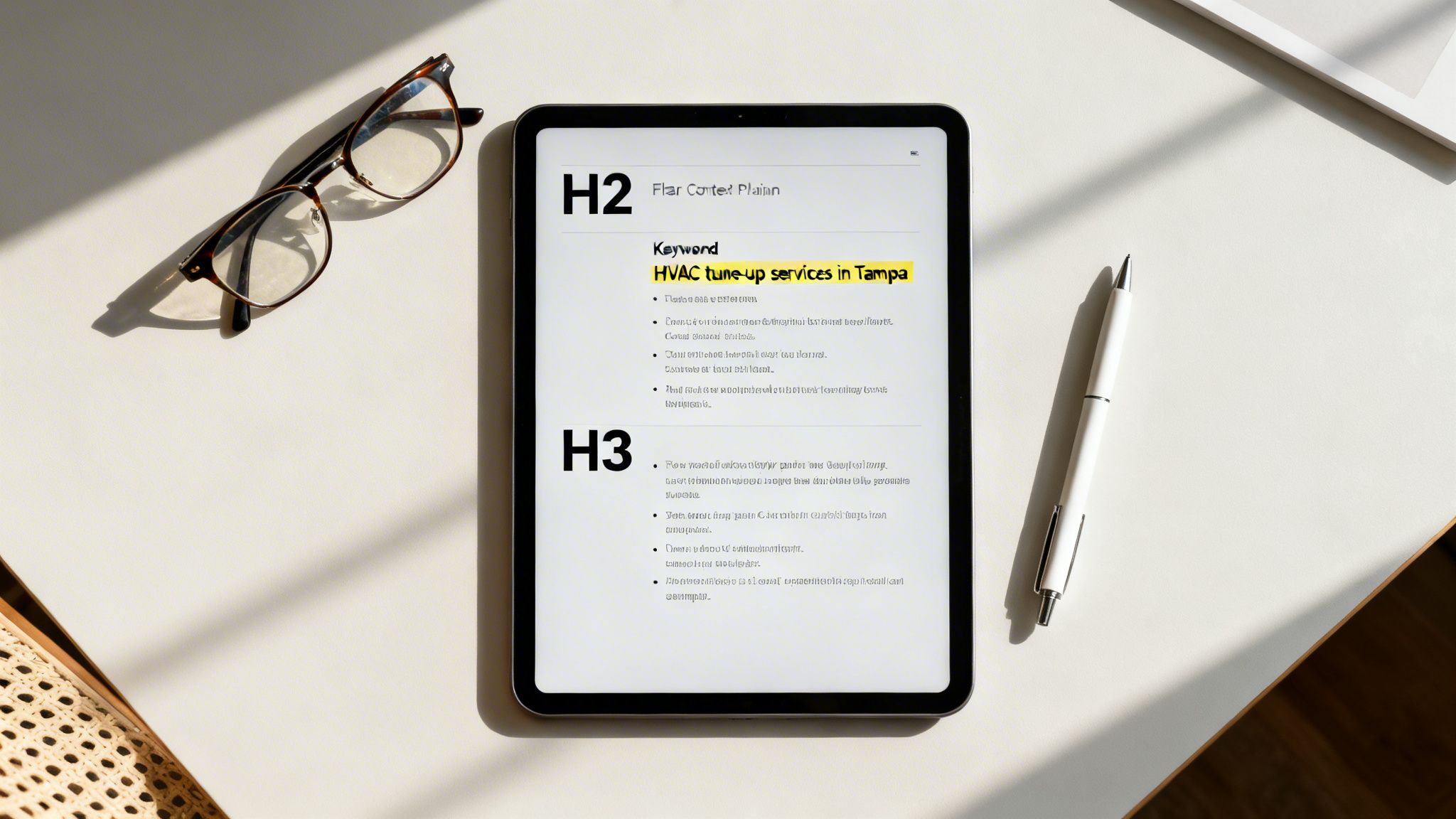 Close-up of a tablet displaying SEO content about HVAC tune-up services, next to glasses and a pen.