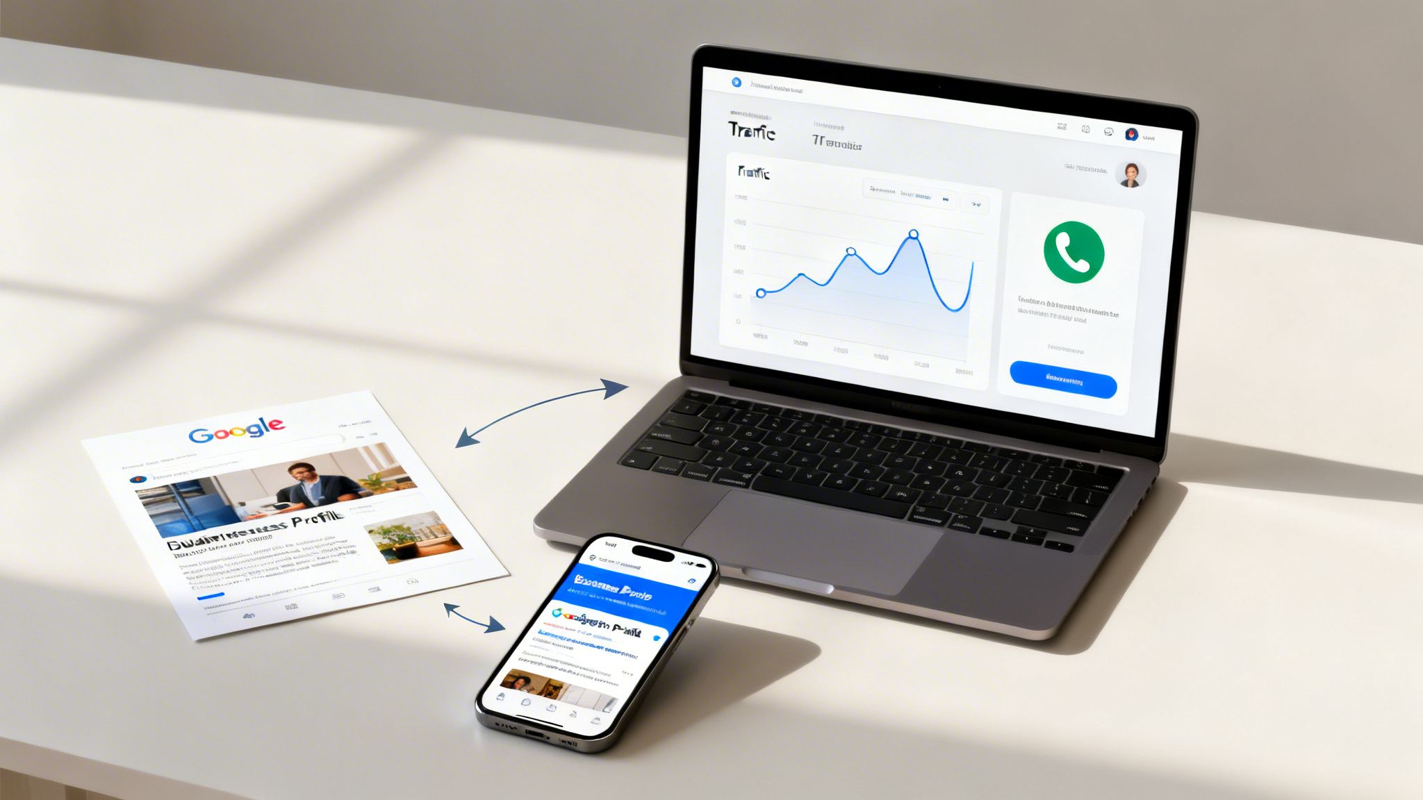 SEO optimization concept with laptop showing traffic analytics, phone with Google Business Profile, and printout.
