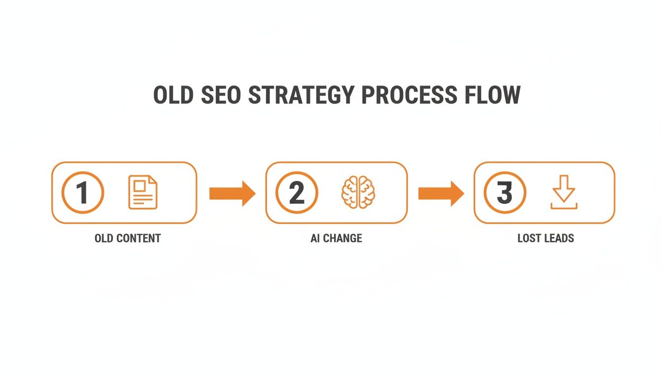 Flowchart showing an old SEO strategy process: outdated content leads to AI changes and lost leads.