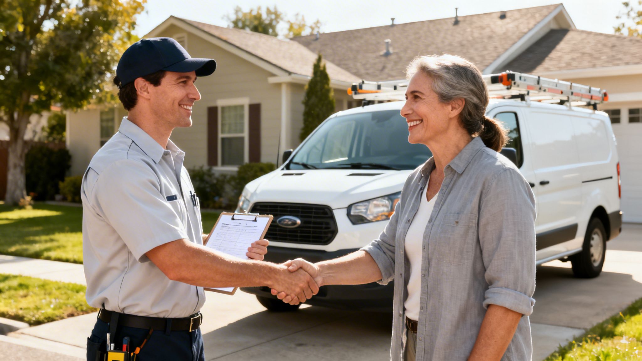 A smiling service technician shakes hands with a happy female customer in front of a white van and house.