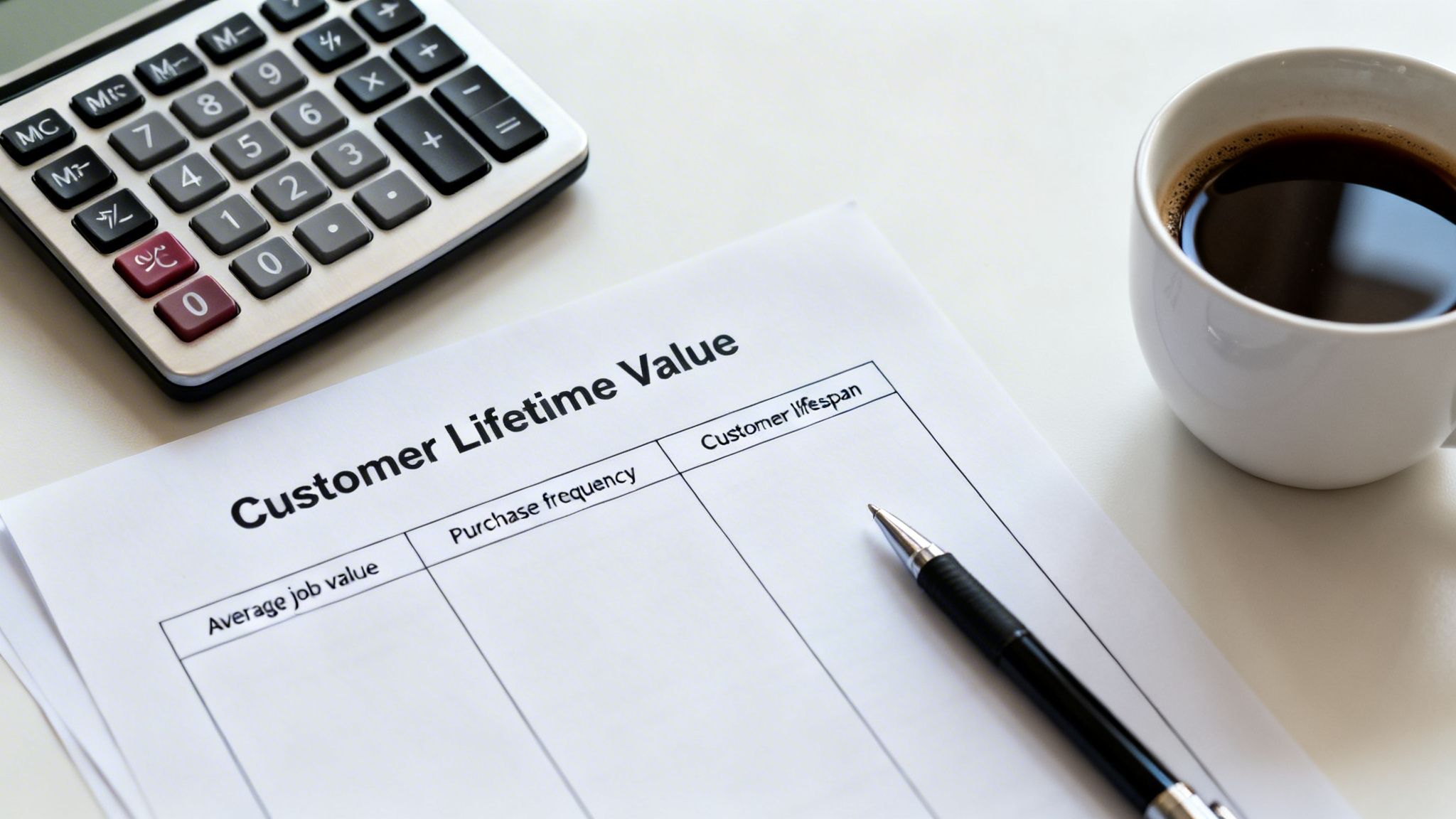 A document titled 'Customer Lifetime Value' with a calculator, pen, and coffee on a white desk, showing business calculations.