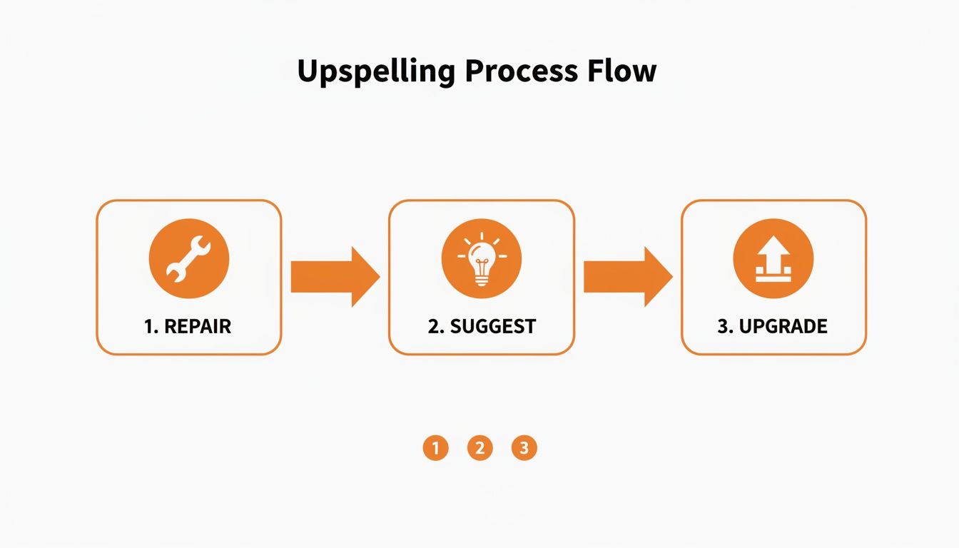 A three-step upspelling process flow diagram, showing Repair, Suggest, and Upgrade with icons.