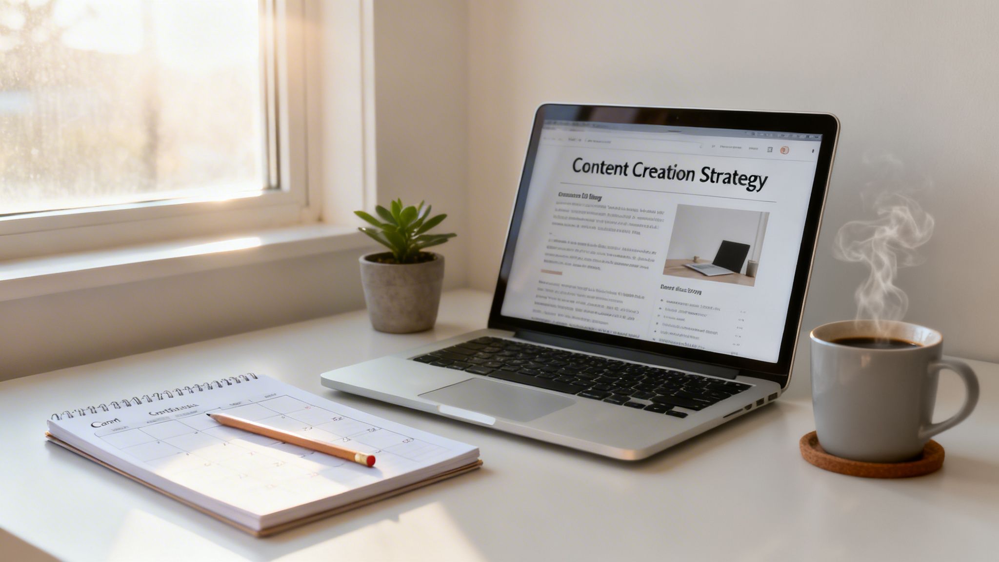 Sunny home office desk with laptop displaying 'Content Creation Strategy', calendar, coffee, and plant.