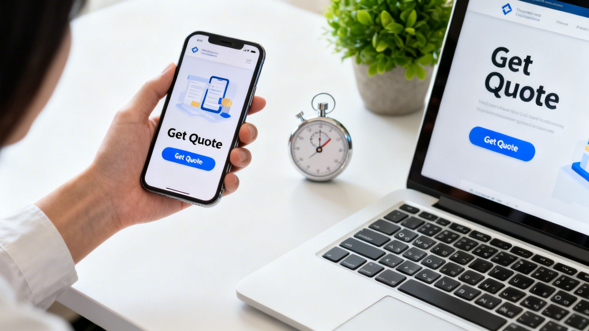 A person holds a smartphone and uses a laptop, both showing 'Get Quote' for online service.