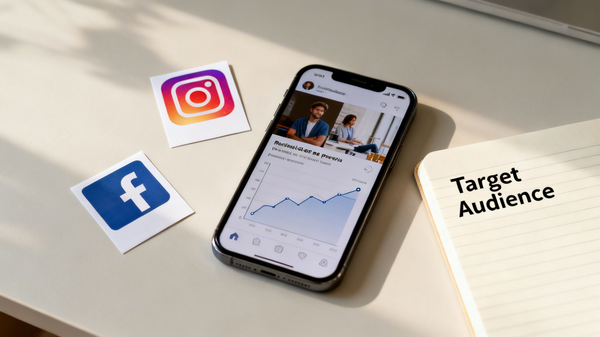 A smartphone shows social media insights, alongside Instagram and Facebook logos, and a notebook titled 'Target Audience'.