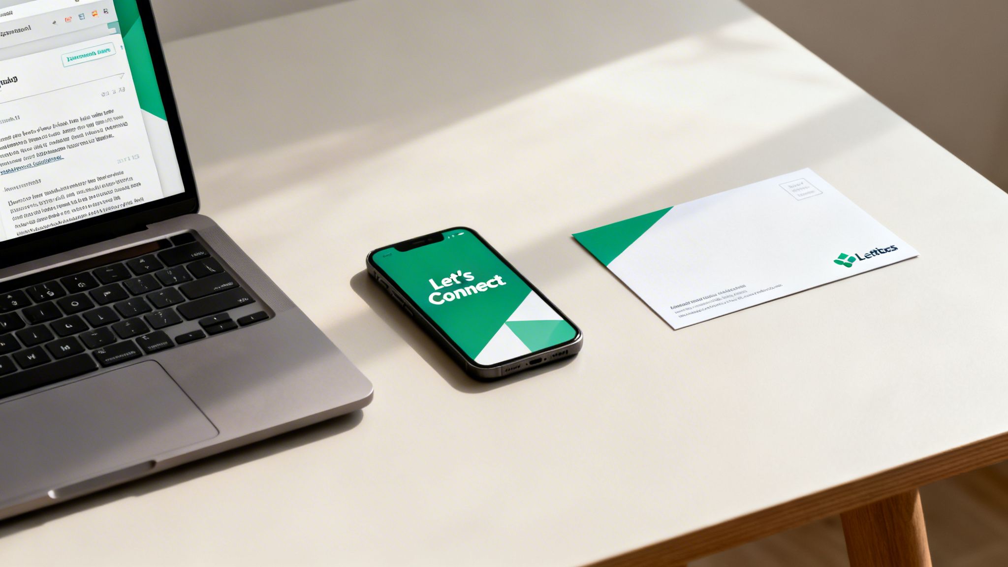 A laptop, a smartphone displaying 'Let's Connect', and an envelope from 'Lettucs' on a clean desk.