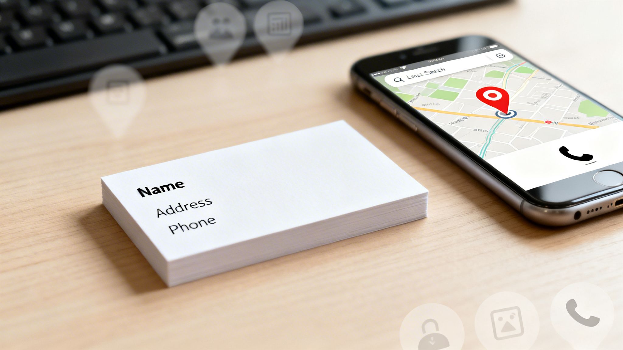 Business cards with contact details beside a smartphone displaying a smartphone displaying a local map and location pin.