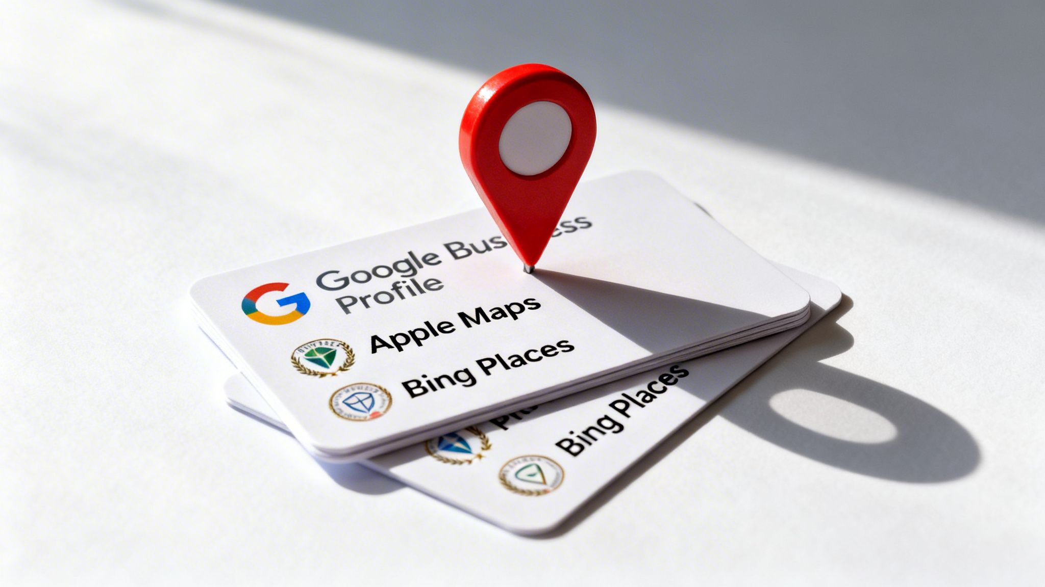 A red location pin is placed on cards displaying Google Business Profile, Apple Maps, and Bing Places.