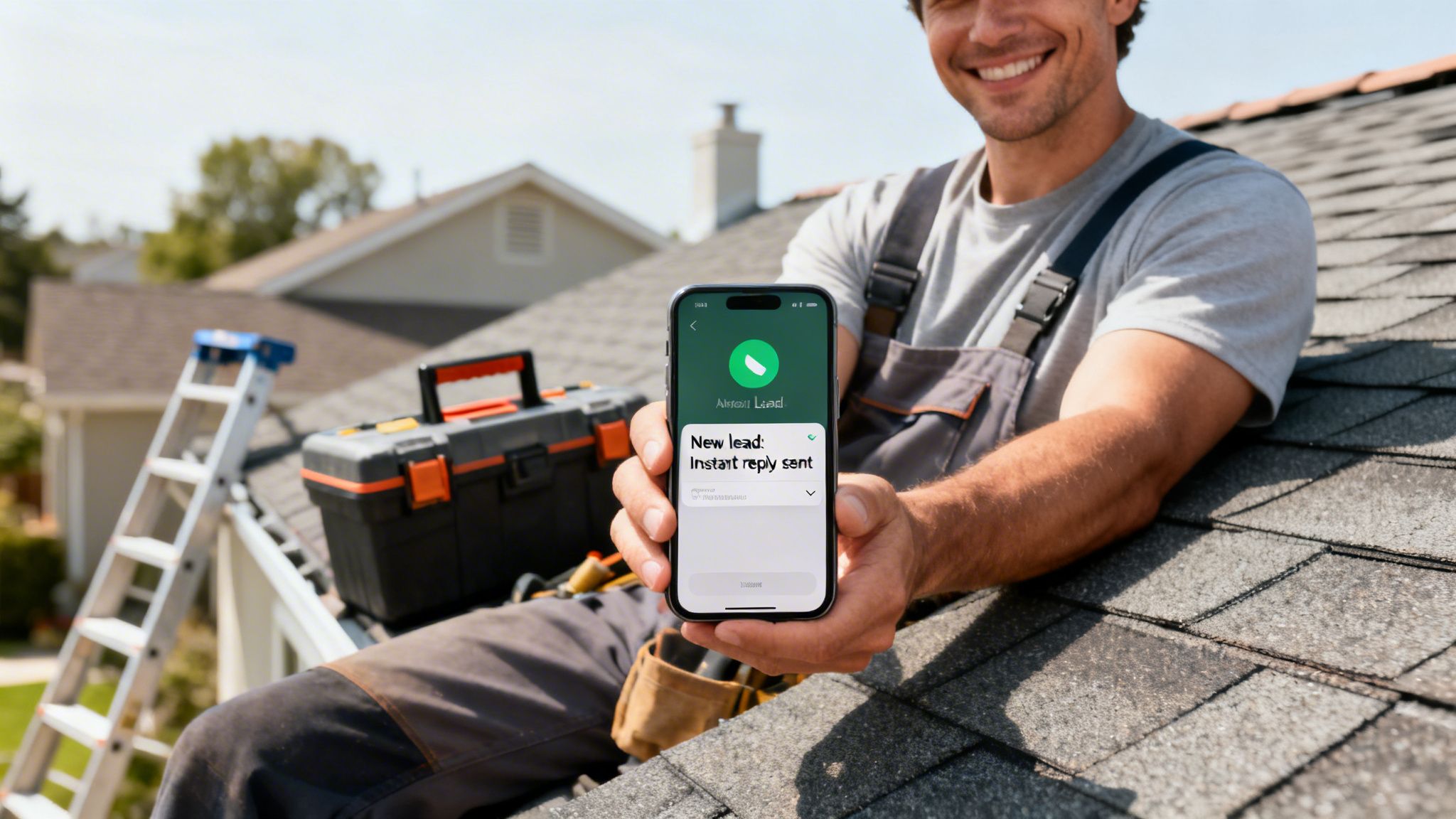 Smiling tradesman on a roof holds a phone showing a lead management app notification.