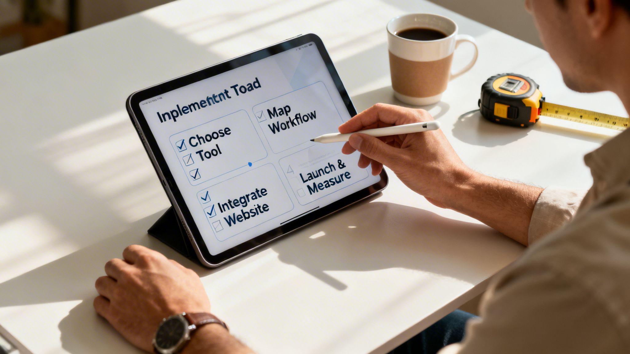 Person's hands using a tablet to check off steps in a digital marketing implementation plan.