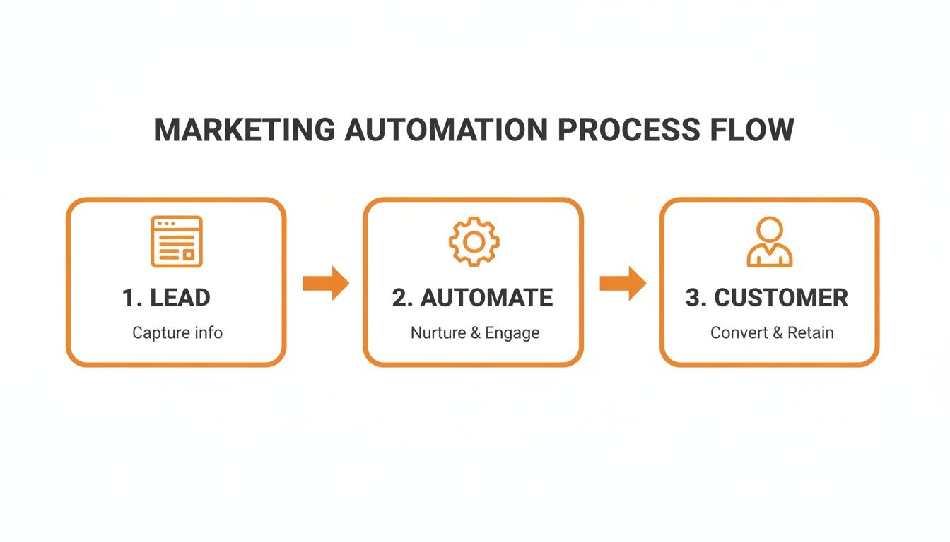 Marketing automation process flow outlining steps: lead capture, nurture, engage, convert, and retain customers.