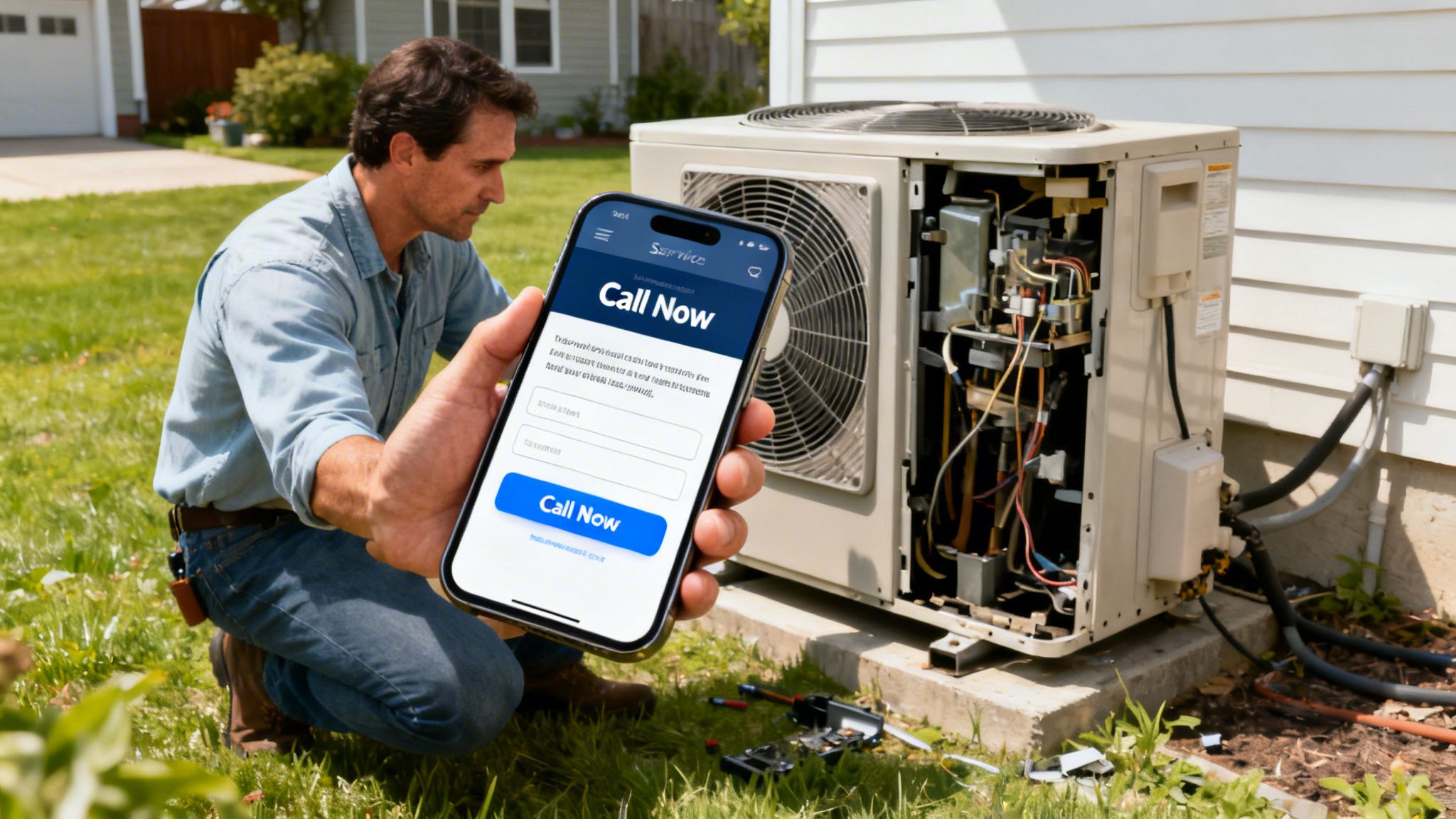 Technician holding a smartphone with a 'Call Now' app while inspecting an open AC unit.