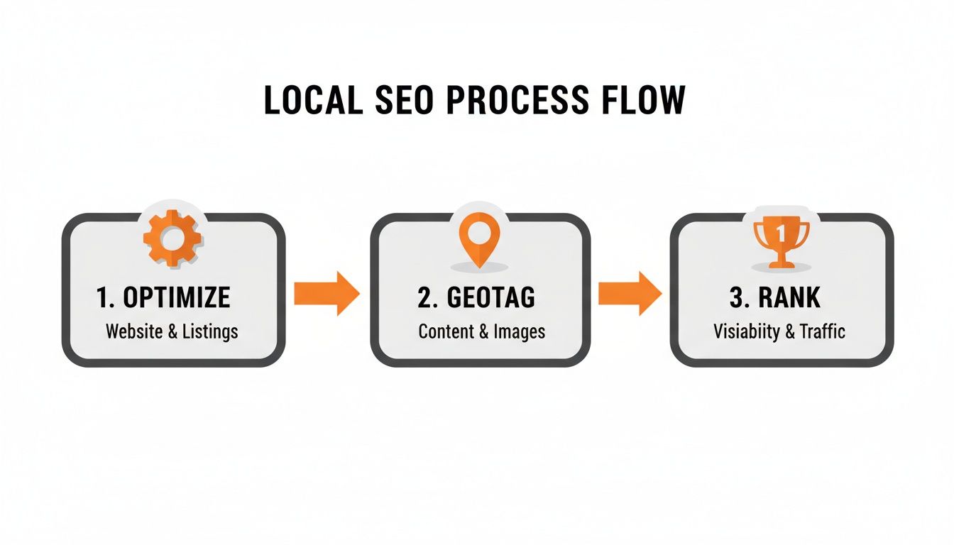 Local SEO process flow diagram illustrating three steps: optimize, geotag content, and rank for visibility.
