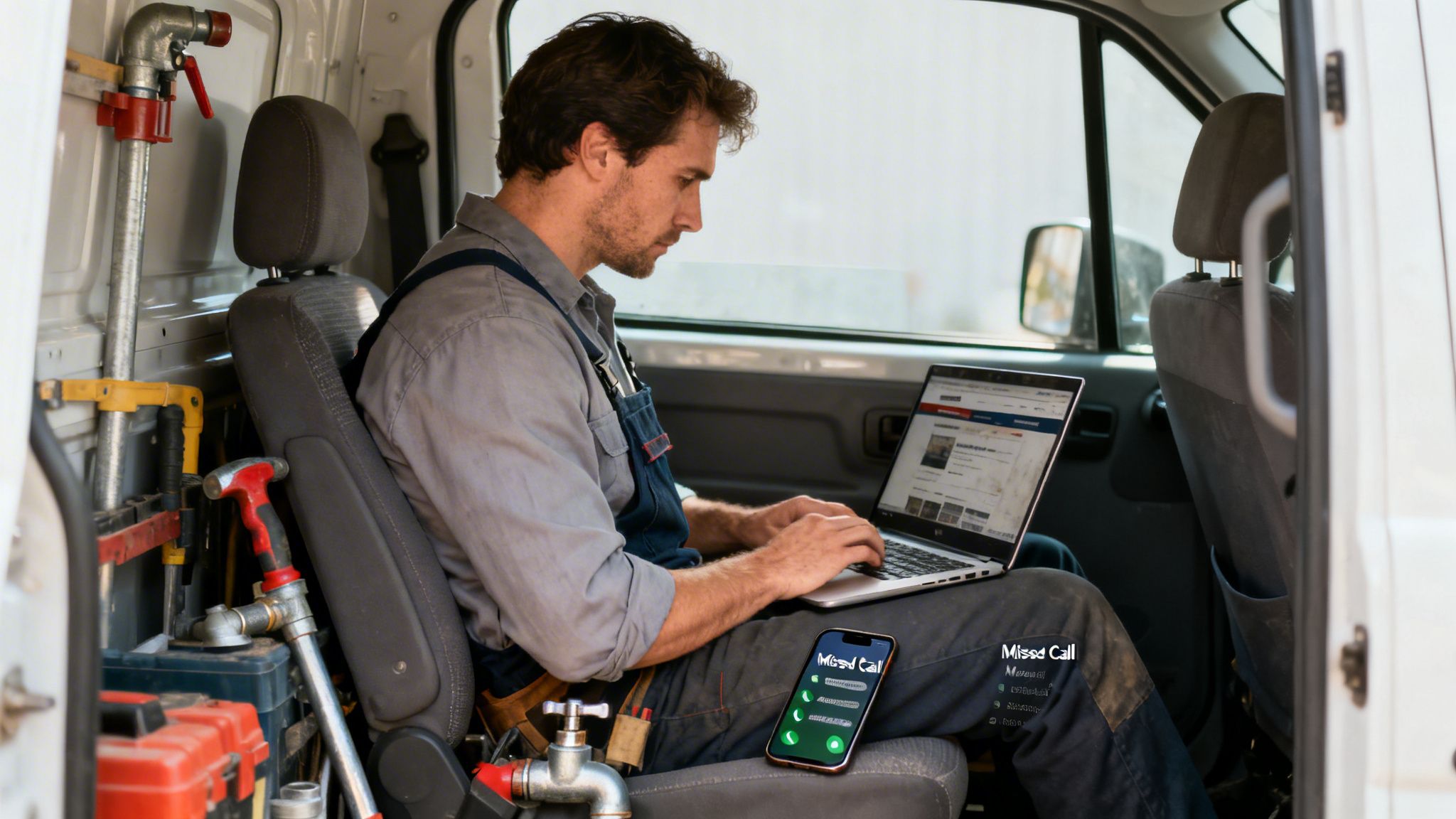 A tradesman sits in his work van, using a laptop and checking a missed call on his phone.