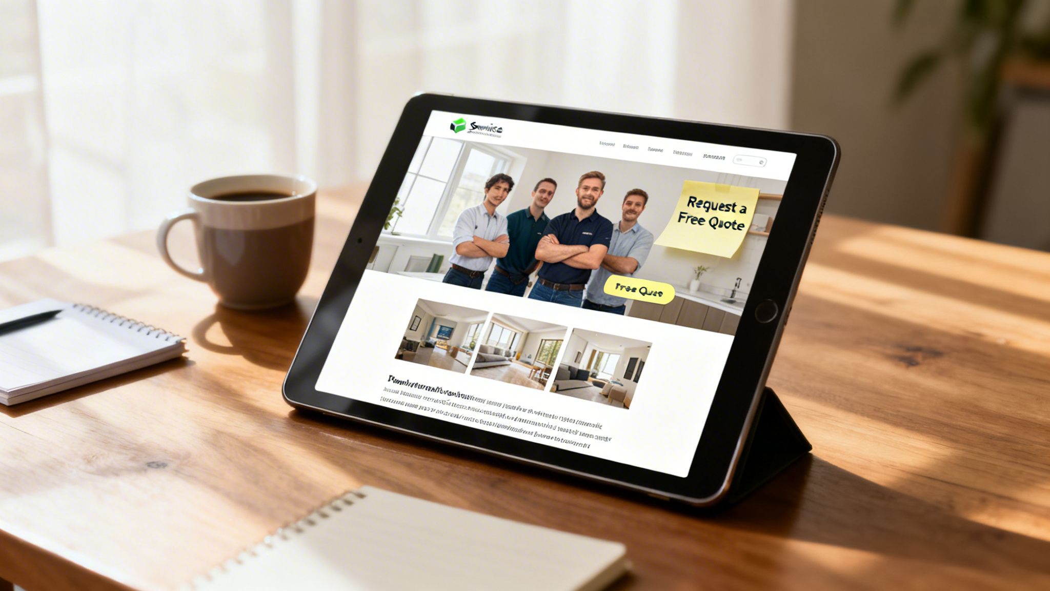 A tablet on a wooden desk displaying a website with a team, a quote request, and interior designs.