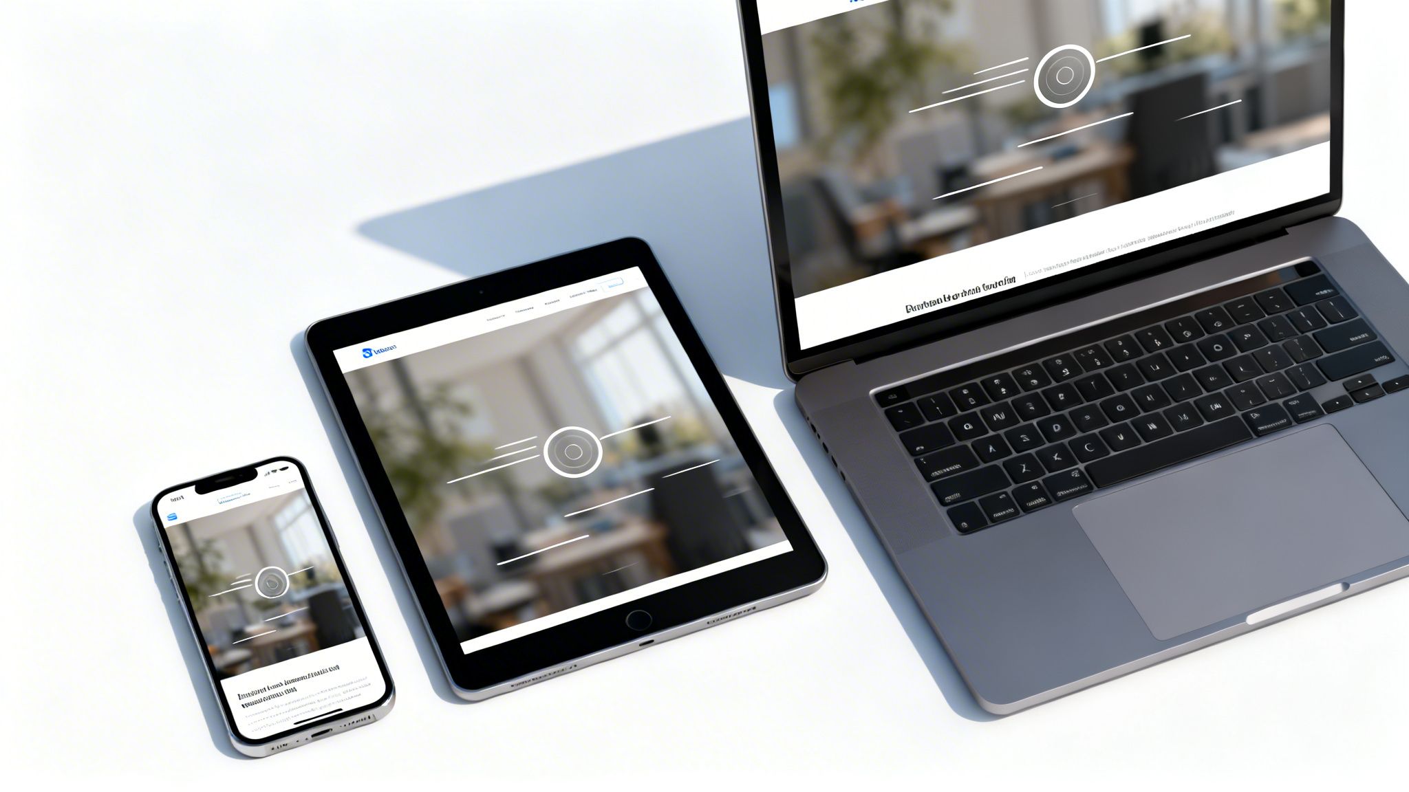 Three digital devices (laptop, tablet, smartphone) displaying a responsive website design.