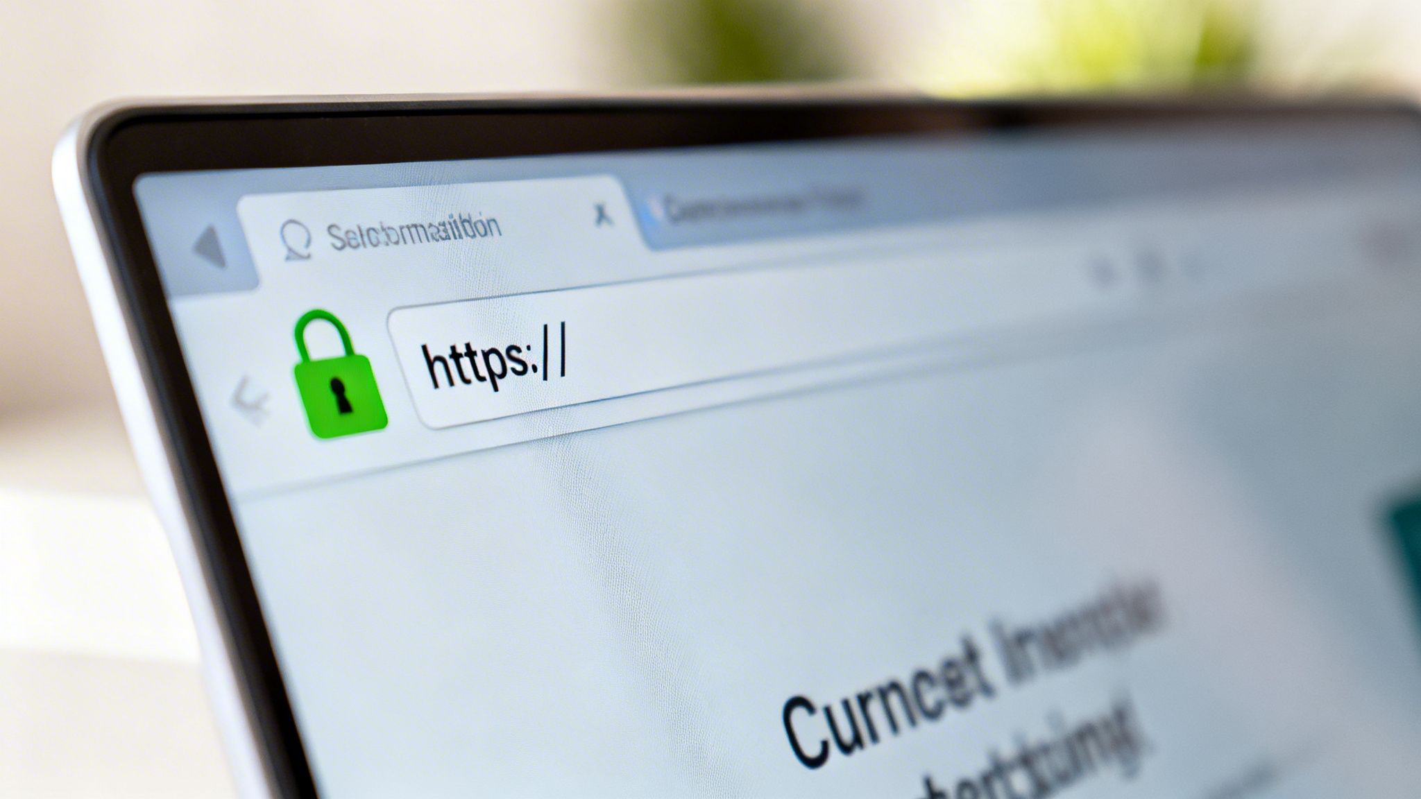 Close-up of a laptop screen displaying a web browser with a green padlock and 'https://' in the address bar, indicating a secure connection.