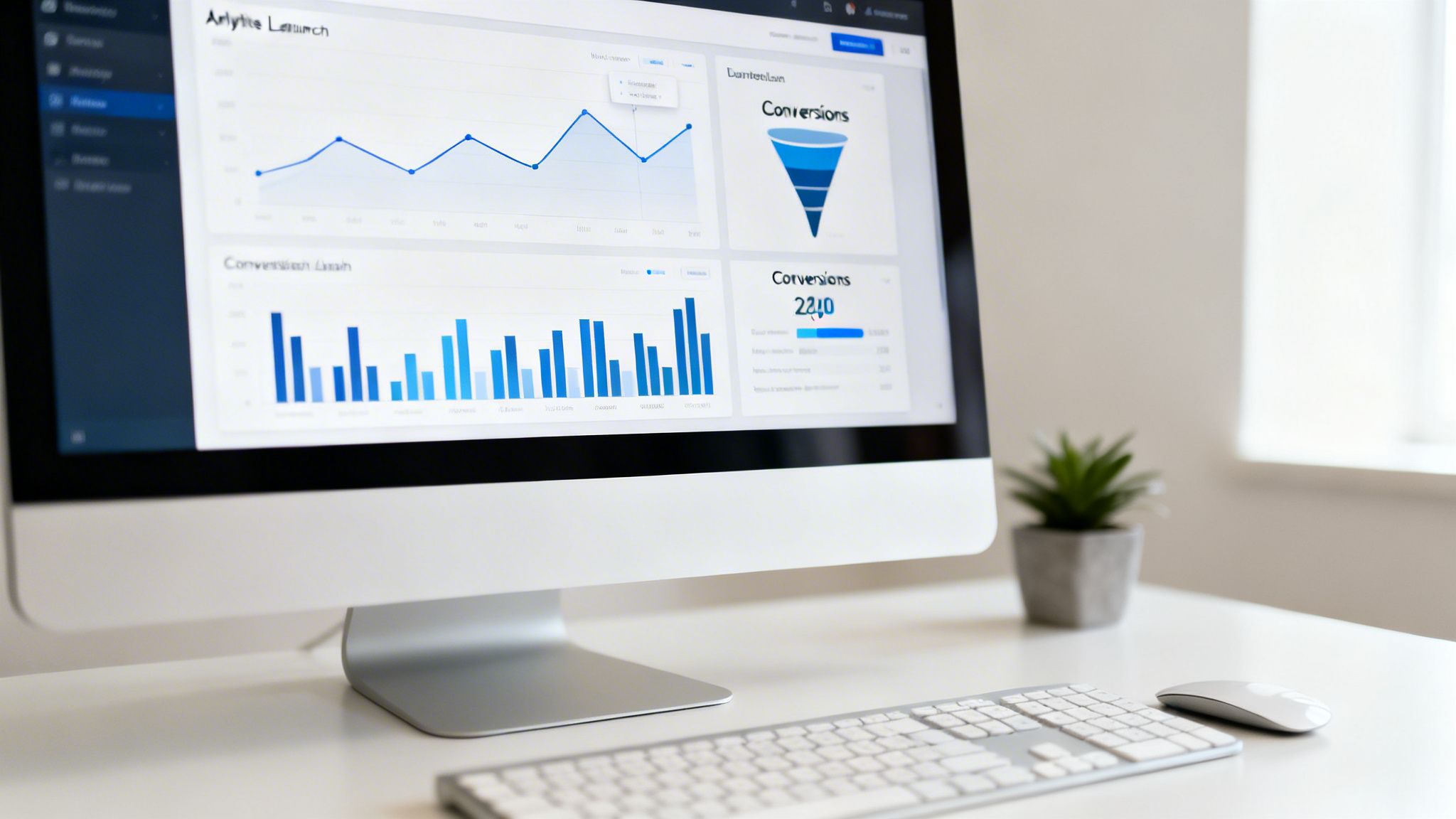 A computer monitor displays a website analytics dashboard with line graphs, bar charts, and conversion funnel data.